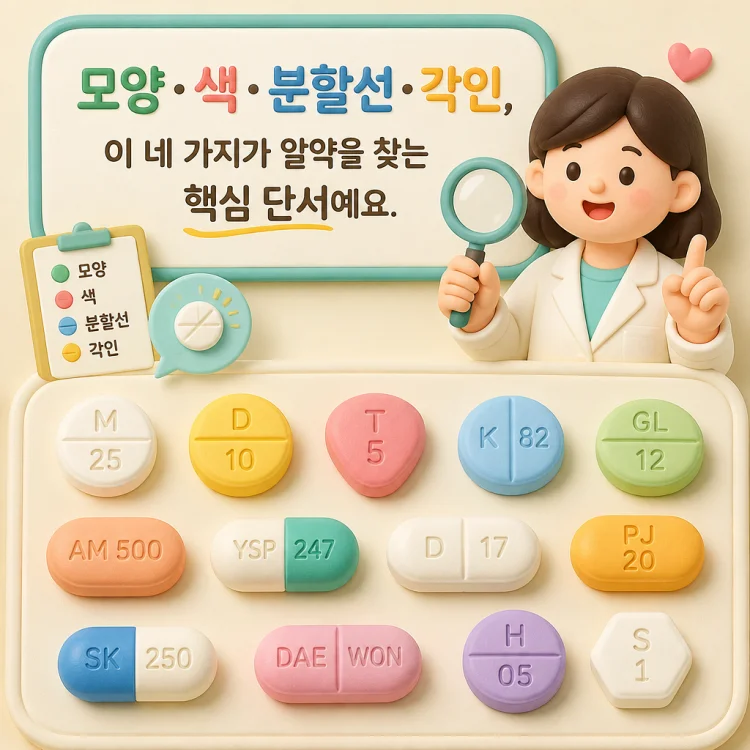 모양, 색, 분할선, 각인 문자가 보이는 여러 종류의 알약 클로즈업