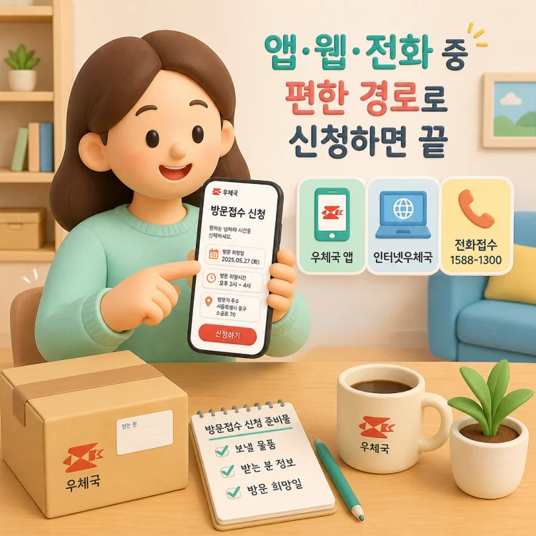 우체국 앱과 인터넷우체국에서 방문접수를 신청하는 화면 예시