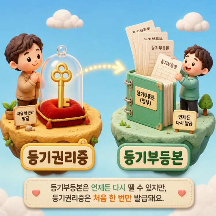 등기권리증과 등기부등본의 역할 차이를 열쇠와 명부에 비유해 설명한 개념 이미지