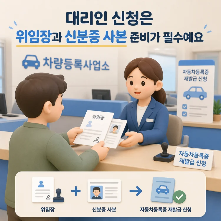 차량등록사업소 창구에서 위임장과 신분증 서류를 제출하며 자동차등록증 재발급을 신청하는 모습