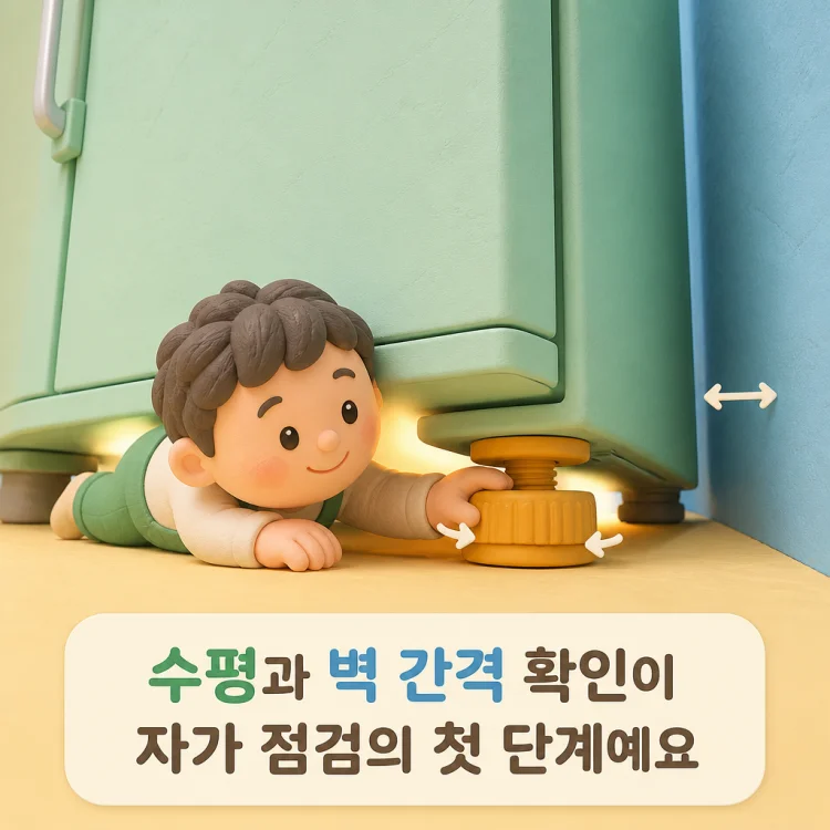 냉장고 뒷면 하단의 수평 조절 다리를 손으로 돌리며 확인하는 모습
