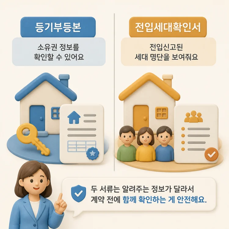 등기부등본은 소유권 정보를, 전입세대확인서는 전입신고된 세대 명단을 보여준다는 점을 두 칸으로 나눠 비교한 설명 이미지