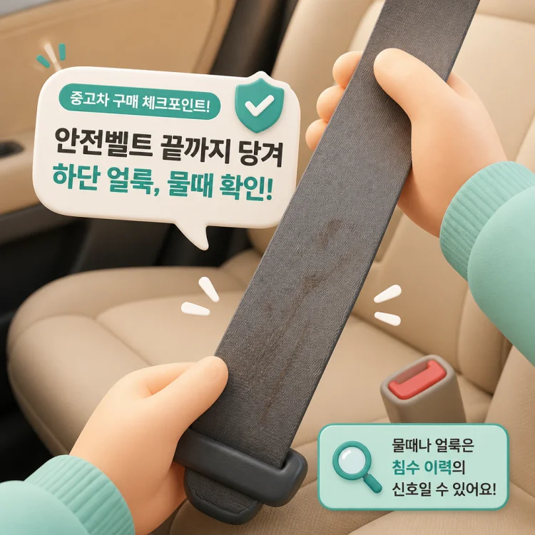 자동차 안전벨트를 끝까지 당겨 하단 얼룩과 물때를 확인하는 손 클로즈업