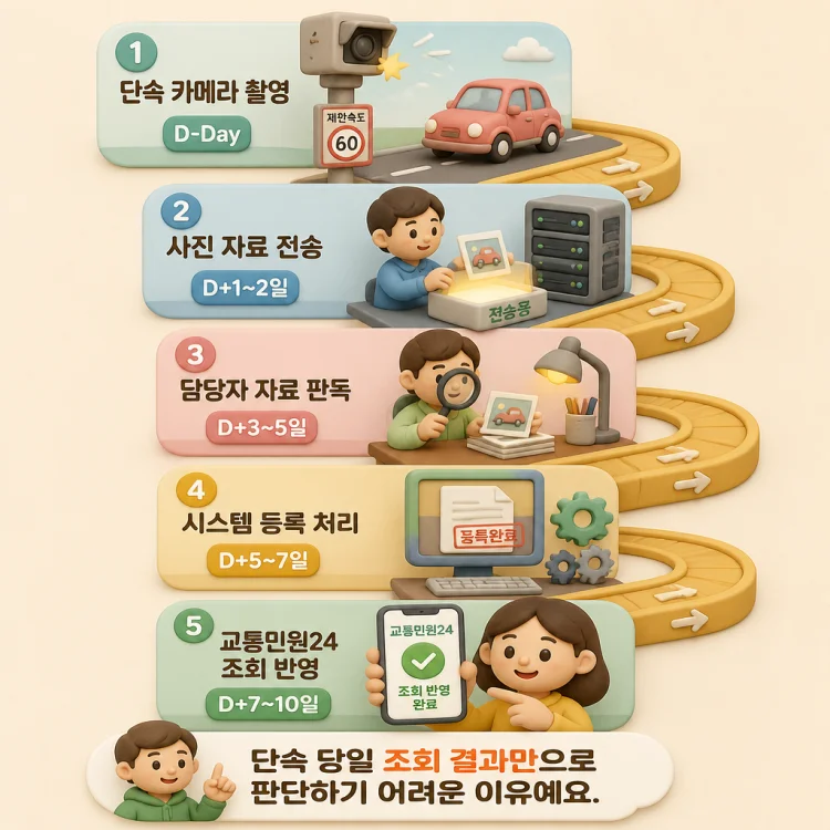 과속 단속 카메라 촬영 후 자료 판독을 거쳐 교통민원24 조회 화면에 표시되기까지 며칠이 걸리는 과정을 나타낸 흐름도