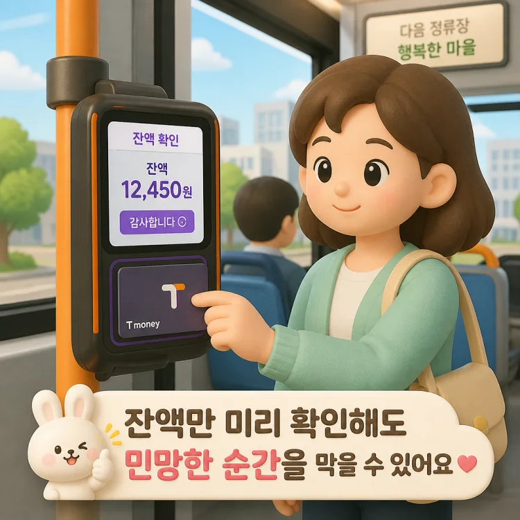 버스 단말기에 티머니 카드를 태그하며 잔액을 확인하는 모습