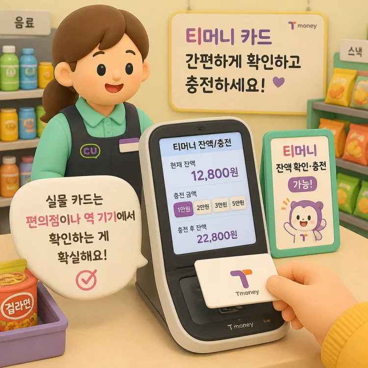 편의점 계산대 단말기에서 티머니 카드 잔액을 확인하고 충전하는 모습