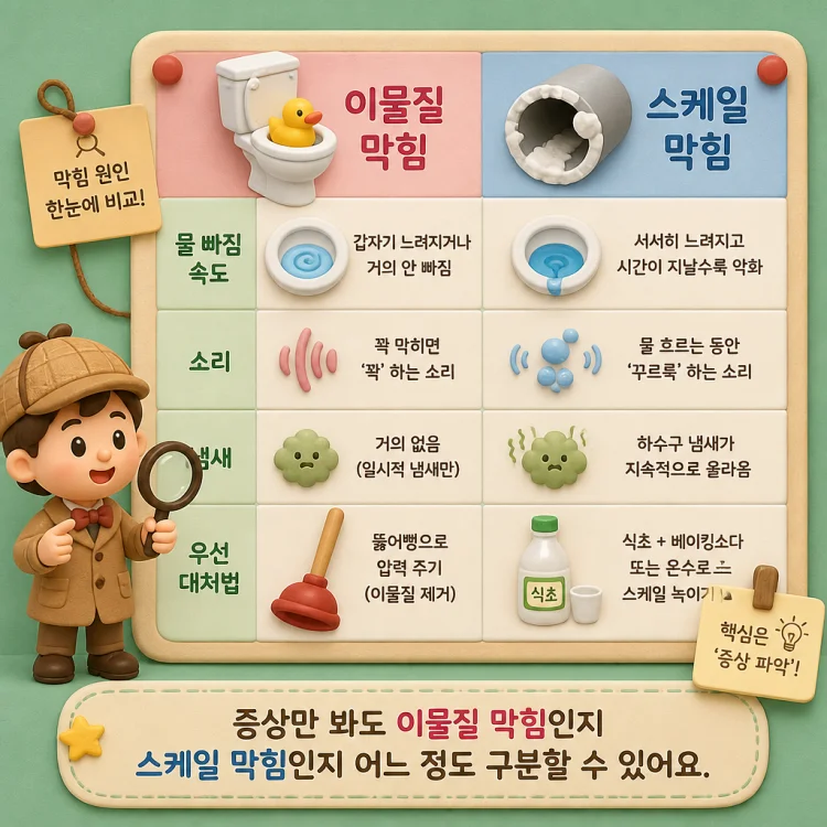 변기 막힘 증상별 원인과 우선 대처 방법을 비교한 표 이미지