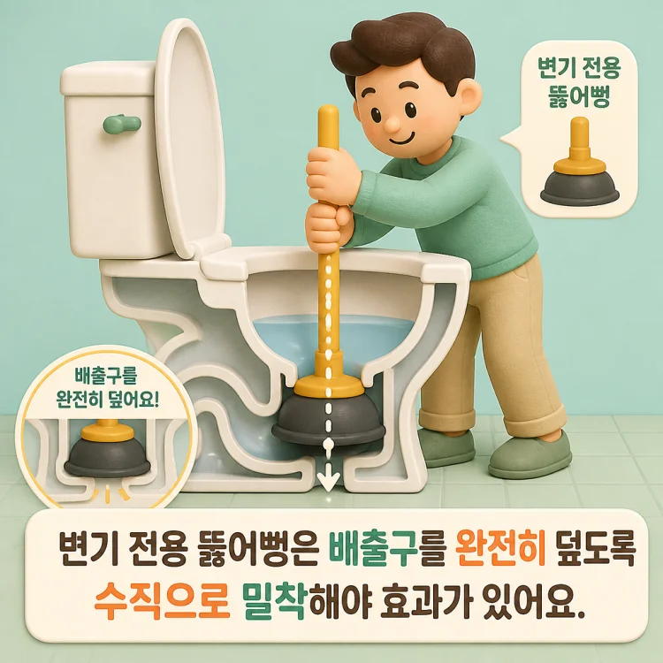 변기 배출구에 전용 압축기(뚫어뻥)를 수직으로 밀착시켜 사용하는 모습