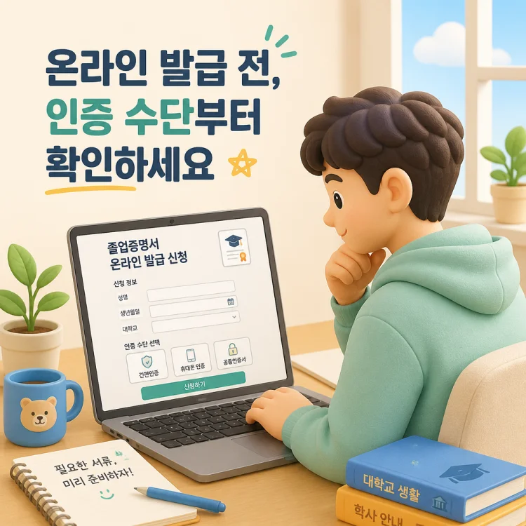 대학생이 노트북 화면에서 졸업증명서 온라인 발급 신청 페이지를 확인하는 모습