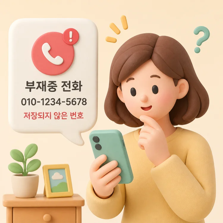 스마트폰 화면에 저장되지 않은 모르는 번호의 부재중 전화가 표시된 모습