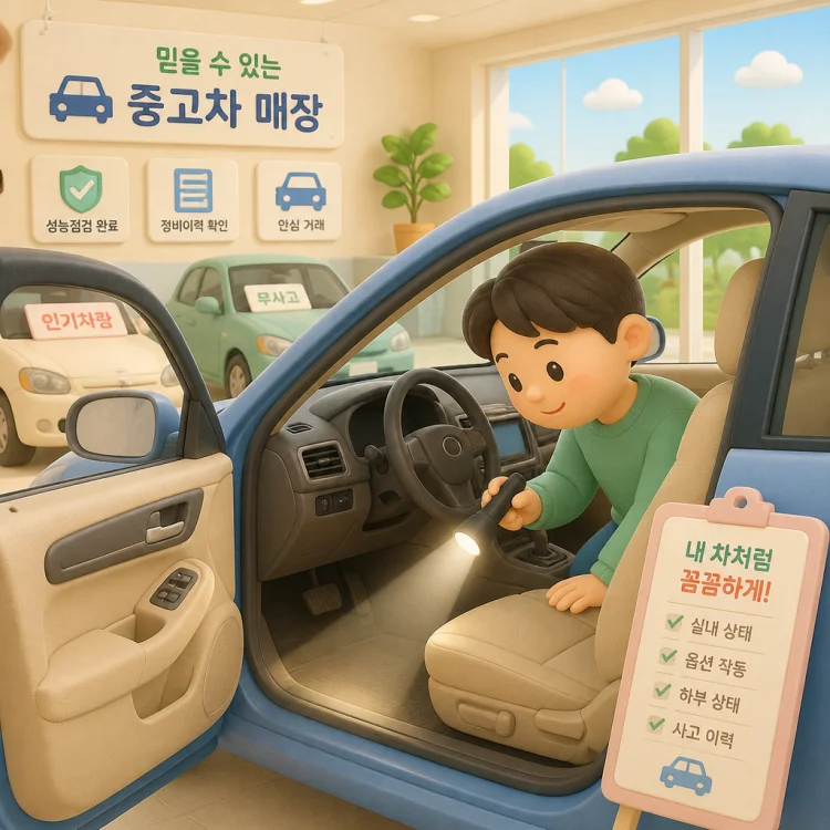 중고차 매장에서 손전등을 들고 차량 내부를 점검하는 구매자의 모습