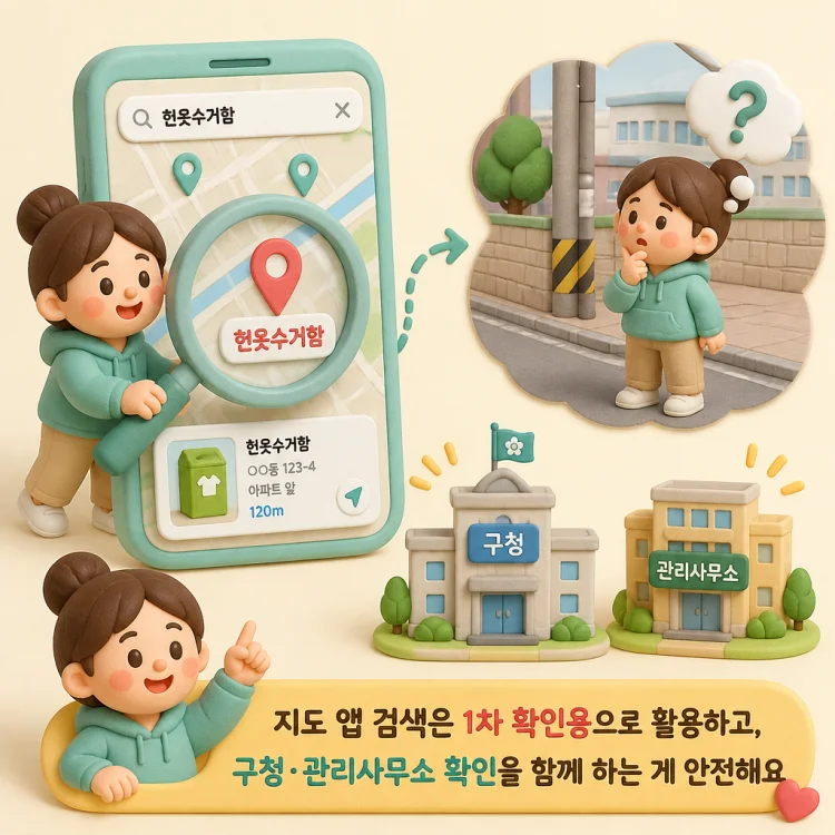 스마트폰 지도 앱에서 헌옷수거함 위치를 검색하는 화면