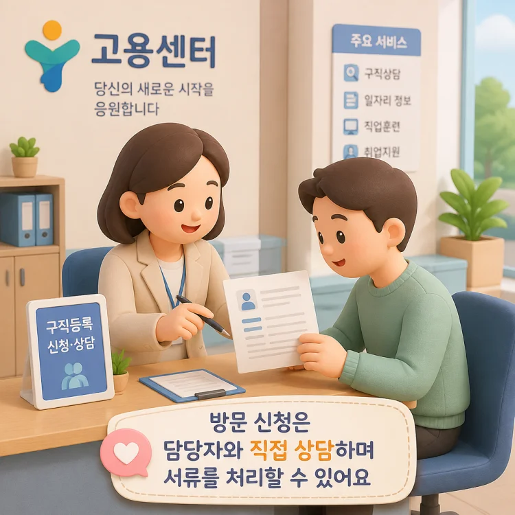 고용센터 방문 신청 시 담당 직원과 구직등록 서류를 함께 확인하는 모습